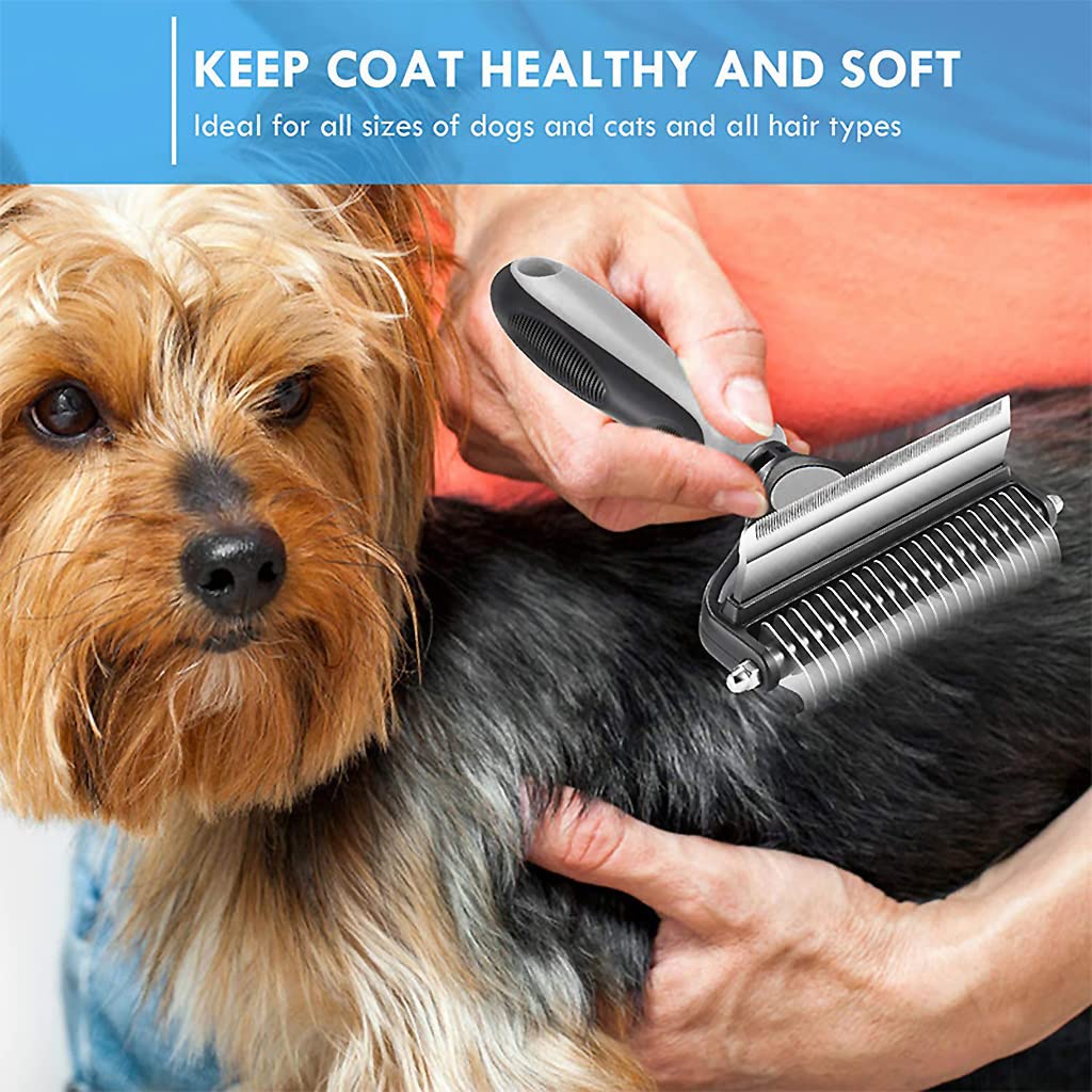 Qpets Dog Brush Dogs Comb 2 in 1 Deshedding Tool& Dematting Undercoat Rake for Mats& Tangles Removing, Dog Grooming Kit, Pet Brush,Great for Short to Long Hair Small Large Breeds(Grey) Qpets Dog Brush Dogs Comb 2 in 1 Deshedding Tool& Dematting Undercoat Rake for Mats& Tangles Removing, Dog Grooming Kit, Pet Brush,Great for Short to Long Hair Small Large Breeds(Grey)